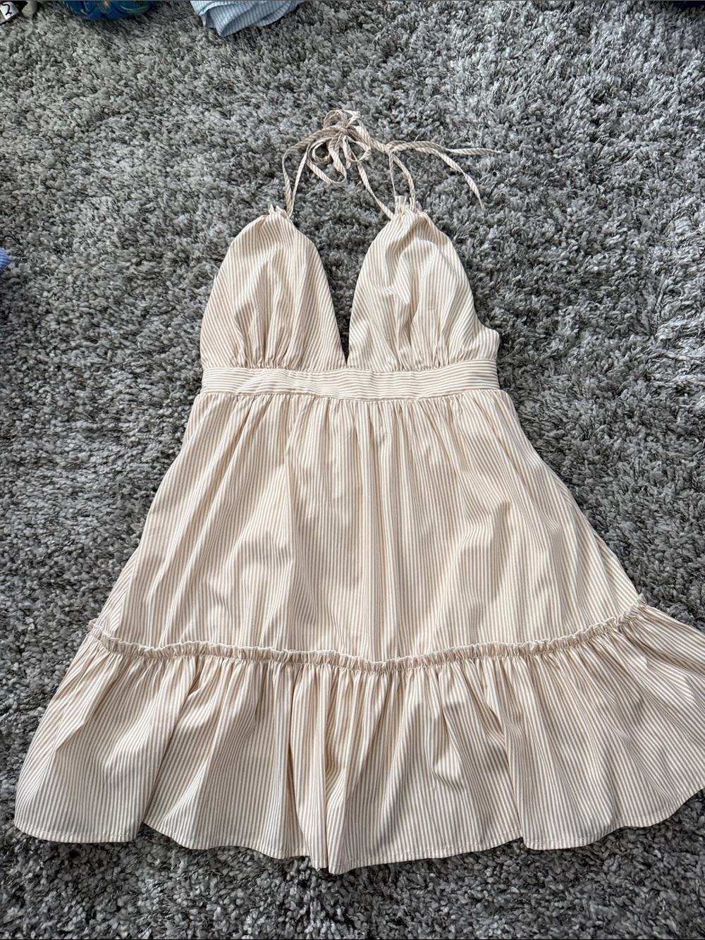HYFVE Cream Pinstripe Halter Mini Dress